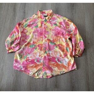 Lauren Ralph Lauren Women Button Shirt Pink Floral Blouse Size Lg Monogram Light